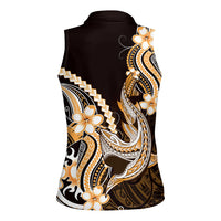 Orange Black Aloha Hawaii Women Sleeveless Polo Shirt Polynesian Shark Tattoo Plumeria