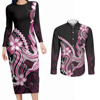 Pink Black Aloha Hawaii Couples Matching Long Sleeve Bodycon Dress and Long Sleeve Button Shirt Polynesian Shark Tattoo Plumeria LT14 Pink - Polynesian Pride
