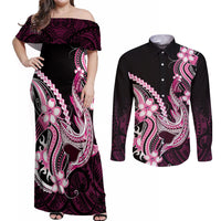 Pink Black Aloha Hawaii Couples Matching Off Shoulder Maxi Dress and Long Sleeve Button Shirt Polynesian Shark Tattoo Plumeria LT14 Pink - Polynesian Pride