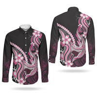 Pink Black Aloha Hawaii Couples Matching Off Shoulder Maxi Dress and Long Sleeve Button Shirt Polynesian Shark Tattoo Plumeria LT14 - Polynesian Pride