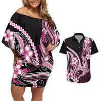 Pink Black Aloha Hawaii Couples Matching Off Shoulder Short Dress and Hawaiian Shirt Polynesian Shark Tattoo Plumeria LT14 Pink - Polynesian Pride
