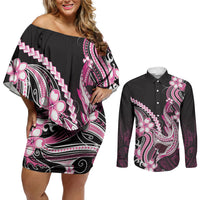 Pink Black Aloha Hawaii Couples Matching Off Shoulder Short Dress and Long Sleeve Button Shirt Polynesian Shark Tattoo Plumeria LT14 Pink - Polynesian Pride