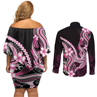Pink Black Aloha Hawaii Couples Matching Off Shoulder Short Dress and Long Sleeve Button Shirt Polynesian Shark Tattoo Plumeria LT14 - Polynesian Pride