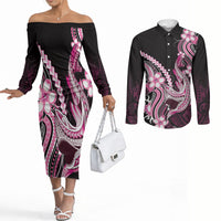 Pink Black Aloha Hawaii Couples Matching Off The Shoulder Long Sleeve Dress and Long Sleeve Button Shirt Polynesian Shark Tattoo Plumeria LT14 Pink - Polynesian Pride