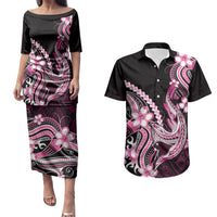 Pink Black Aloha Hawaii Couples Matching Puletasi and Hawaiian Shirt Polynesian Shark Tattoo Plumeria LT14 Pink - Polynesian Pride