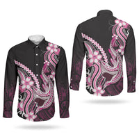 Pink Black Aloha Hawaii Couples Matching Short Sleeve Bodycon Dress and Long Sleeve Button Shirt Polynesian Shark Tattoo Plumeria LT14 - Polynesian Pride
