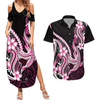 Pink Black Aloha Hawaii Couples Matching Summer Maxi Dress and Hawaiian Shirt Polynesian Shark Tattoo Plumeria LT14 Pink - Polynesian Pride