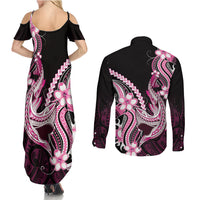 Pink Black Aloha Hawaii Couples Matching Summer Maxi Dress and Long Sleeve Button Shirt Polynesian Shark Tattoo Plumeria LT14 - Polynesian Pride