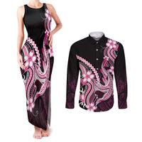Pink Black Aloha Hawaii Couples Matching Tank Maxi Dress and Long Sleeve Button Shirt Polynesian Shark Tattoo Plumeria LT14 Pink - Polynesian Pride
