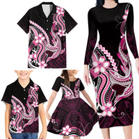 Pink Black Aloha Hawaii Family Matching Long Sleeve Bodycon Dress and Hawaiian Shirt Polynesian Shark Tattoo Plumeria LT14 - Polynesian Pride
