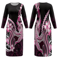 Pink Black Aloha Hawaii Family Matching Long Sleeve Bodycon Dress and Hawaiian Shirt Polynesian Shark Tattoo Plumeria LT14 Mom's Dress Pink - Polynesian Pride