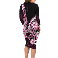Pink Black Aloha Hawaii Family Matching Long Sleeve Bodycon Dress and Hawaiian Shirt Polynesian Shark Tattoo Plumeria LT14 - Polynesian Pride