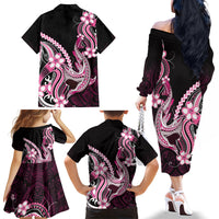 Pink Black Aloha Hawaii Family Matching Off The Shoulder Long Sleeve Dress and Hawaiian Shirt Polynesian Shark Tattoo Plumeria LT14 Mom's Dress Pink - Polynesian Pride