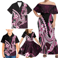 Pink Black Aloha Hawaii Family Matching Off Shoulder Maxi Dress and Hawaiian Shirt Polynesian Shark Tattoo Plumeria LT14 - Polynesian Pride