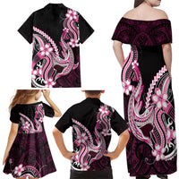 Pink Black Aloha Hawaii Family Matching Off Shoulder Maxi Dress and Hawaiian Shirt Polynesian Shark Tattoo Plumeria LT14 Mom's Dress Pink - Polynesian Pride