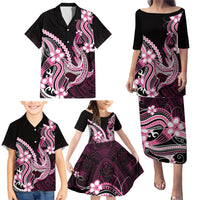 Pink Black Aloha Hawaii Family Matching Puletasi and Hawaiian Shirt Polynesian Shark Tattoo Plumeria LT14 - Polynesian Pride