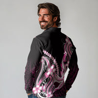 Pink Black Aloha Hawaii Long Sleeve Polo Shirt Polynesian Shark Tattoo Plumeria