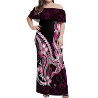 Pink Black Aloha Hawaii Off Shoulder Maxi Dress Polynesian Shark Tattoo Plumeria LT14 Women Pink - Polynesian Pride
