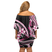 Pink Black Aloha Hawaii Off Shoulder Short Dress Polynesian Shark Tattoo Plumeria
