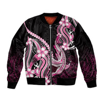 Pink Black Aloha Hawaii Sleeve Zip Bomber Jacket Polynesian Shark Tattoo Plumeria