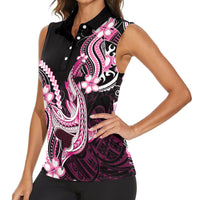 Pink Black Aloha Hawaii Women Sleeveless Polo Shirt Polynesian Shark Tattoo Plumeria