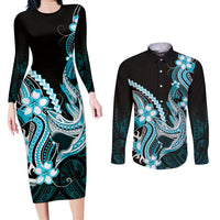 Blue Black Aloha Hawaii Couples Matching Long Sleeve Bodycon Dress and Long Sleeve Button Shirt Polynesian Shark Tattoo Plumeria LT14 Blue - Polynesian Pride