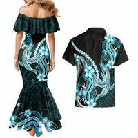 Blue Black Aloha Hawaii Couples Matching Mermaid Dress and Hawaiian Shirt Polynesian Shark Tattoo Plumeria LT14 - Polynesian Pride
