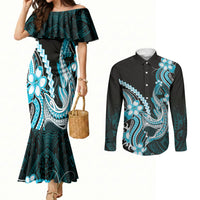 Blue Black Aloha Hawaii Couples Matching Mermaid Dress and Long Sleeve Button Shirt Polynesian Shark Tattoo Plumeria LT14 Blue - Polynesian Pride