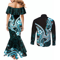 Blue Black Aloha Hawaii Couples Matching Mermaid Dress and Long Sleeve Button Shirt Polynesian Shark Tattoo Plumeria LT14 - Polynesian Pride