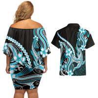 Blue Black Aloha Hawaii Couples Matching Off Shoulder Short Dress and Hawaiian Shirt Polynesian Shark Tattoo Plumeria LT14 - Polynesian Pride
