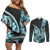 Blue Black Aloha Hawaii Couples Matching Off Shoulder Short Dress and Long Sleeve Button Shirt Polynesian Shark Tattoo Plumeria LT14 Blue - Polynesian Pride