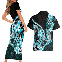 Blue Black Aloha Hawaii Couples Matching Short Sleeve Bodycon Dress and Hawaiian Shirt Polynesian Shark Tattoo Plumeria LT14 - Polynesian Pride