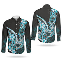 Blue Black Aloha Hawaii Couples Matching Short Sleeve Bodycon Dress and Long Sleeve Button Shirt Polynesian Shark Tattoo Plumeria LT14 - Polynesian Pride