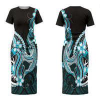 Blue Black Aloha Hawaii Couples Matching Short Sleeve Bodycon Dress and Long Sleeve Button Shirt Polynesian Shark Tattoo Plumeria LT14 - Polynesian Pride