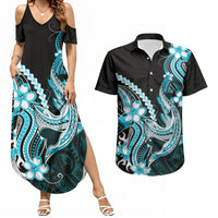Blue Black Aloha Hawaii Couples Matching Summer Maxi Dress and Hawaiian Shirt Polynesian Shark Tattoo Plumeria LT14 Blue - Polynesian Pride