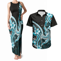 Blue Black Aloha Hawaii Couples Matching Tank Maxi Dress and Hawaiian Shirt Polynesian Shark Tattoo Plumeria LT14 Blue - Polynesian Pride