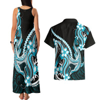 Blue Black Aloha Hawaii Couples Matching Tank Maxi Dress and Hawaiian Shirt Polynesian Shark Tattoo Plumeria LT14 - Polynesian Pride