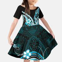 Blue Black Aloha Hawaii Family Matching Long Sleeve Bodycon Dress and Hawaiian Shirt Polynesian Shark Tattoo Plumeria LT14 Daughter's Dress Blue - Polynesian Pride