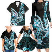 Blue Black Aloha Hawaii Family Matching Long Sleeve Bodycon Dress and Hawaiian Shirt Polynesian Shark Tattoo Plumeria LT14 - Polynesian Pride