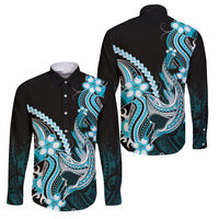 Blue Black Aloha Hawaii Family Matching Long Sleeve Bodycon Dress and Hawaiian Shirt Polynesian Shark Tattoo Plumeria LT14 Dad's Shirt - Long Sleeve Blue - Polynesian Pride