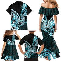 Blue Black Aloha Hawaii Family Matching Mermaid Dress and Hawaiian Shirt Polynesian Shark Tattoo Plumeria LT14 - Polynesian Pride