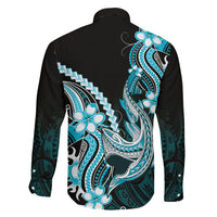 Blue Black Aloha Hawaii Family Matching Off The Shoulder Long Sleeve Dress and Hawaiian Shirt Polynesian Shark Tattoo Plumeria LT14 Son's Shirt Blue - Polynesian Pride