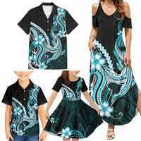 Blue Black Aloha Hawaii Family Matching Summer Maxi Dress and Hawaiian Shirt Polynesian Shark Tattoo Plumeria LT14 - Polynesian Pride