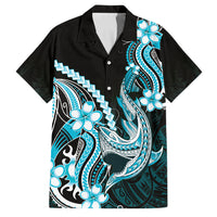 Blue Black Aloha Hawaii Family Matching Summer Maxi Dress and Hawaiian Shirt Polynesian Shark Tattoo Plumeria LT14 Dad's Shirt - Short Sleeve Blue - Polynesian Pride
