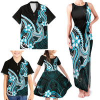 Blue Black Aloha Hawaii Family Matching Tank Maxi Dress and Hawaiian Shirt Polynesian Shark Tattoo Plumeria LT14 - Polynesian Pride