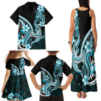 Blue Black Aloha Hawaii Family Matching Tank Maxi Dress and Hawaiian Shirt Polynesian Shark Tattoo Plumeria LT14 Mom's Dress Blue - Polynesian Pride