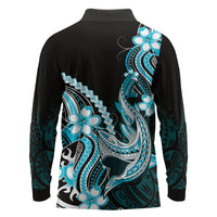 Blue Black Aloha Hawaii Long Sleeve Polo Shirt Polynesian Shark Tattoo Plumeria