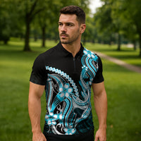 Blue Black Aloha Hawaii Zipper Polo Shirt Polynesian Shark Tattoo Plumeria LT14 - Polynesian Pride