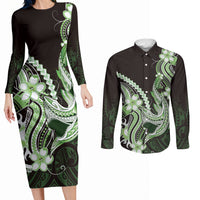 Green Black Aloha Hawaii Couples Matching Long Sleeve Bodycon Dress and Long Sleeve Button Shirt Polynesian Shark Tattoo Plumeria LT14 Green - Polynesian Pride