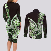 Green Black Aloha Hawaii Couples Matching Long Sleeve Bodycon Dress and Long Sleeve Button Shirt Polynesian Shark Tattoo Plumeria LT14 - Polynesian Pride
